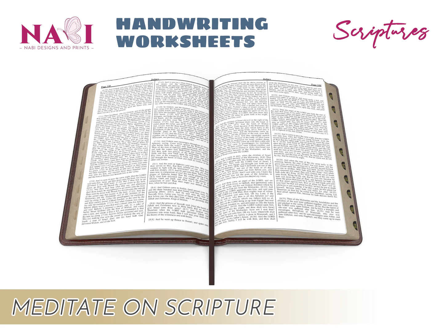 Open Bible with text on a white background and text about handwriting worksheets and meditating on scripture.