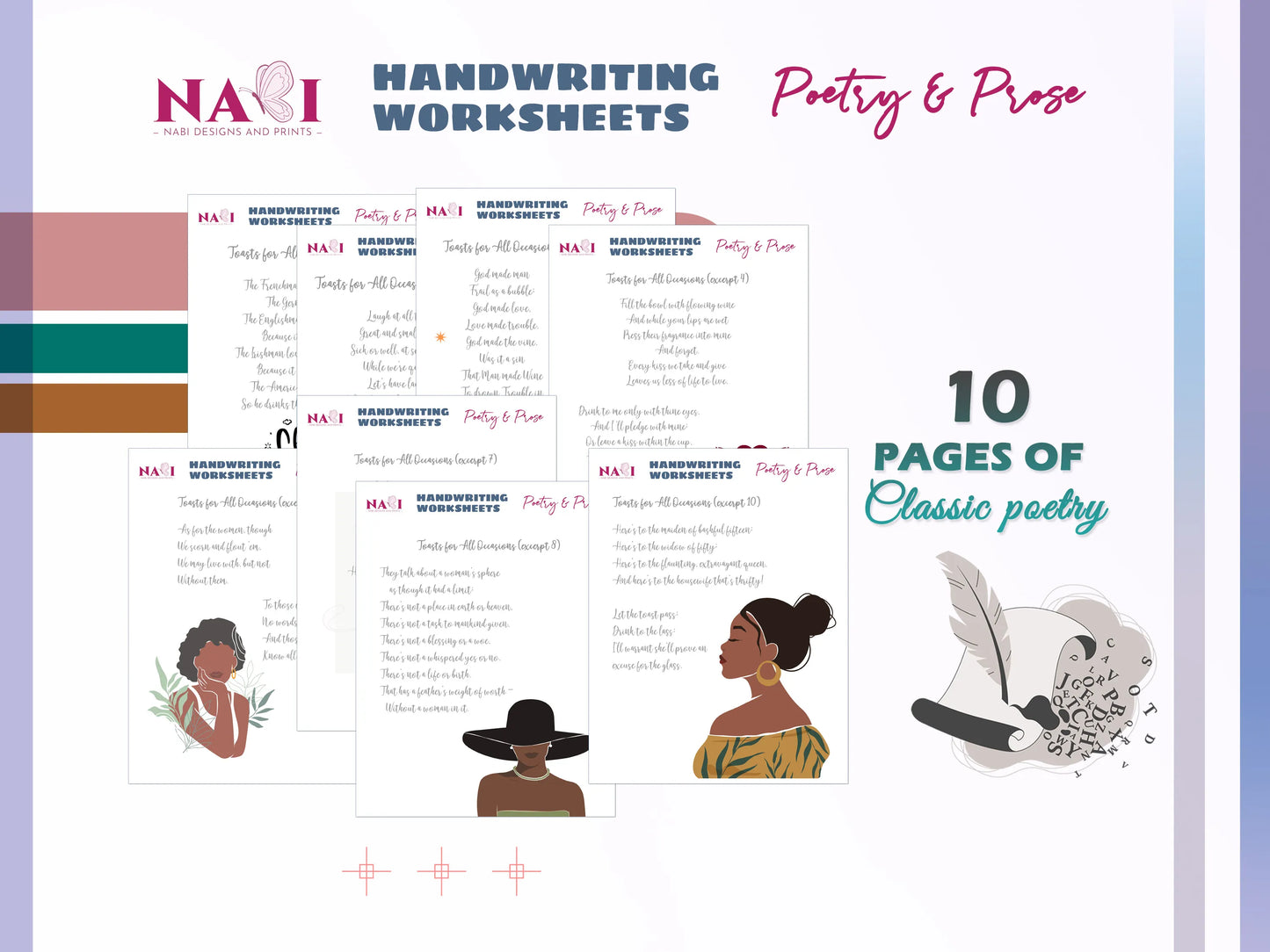 Handwriting worksheets for poetry and prose with illustrations of women and a feather on a white background.