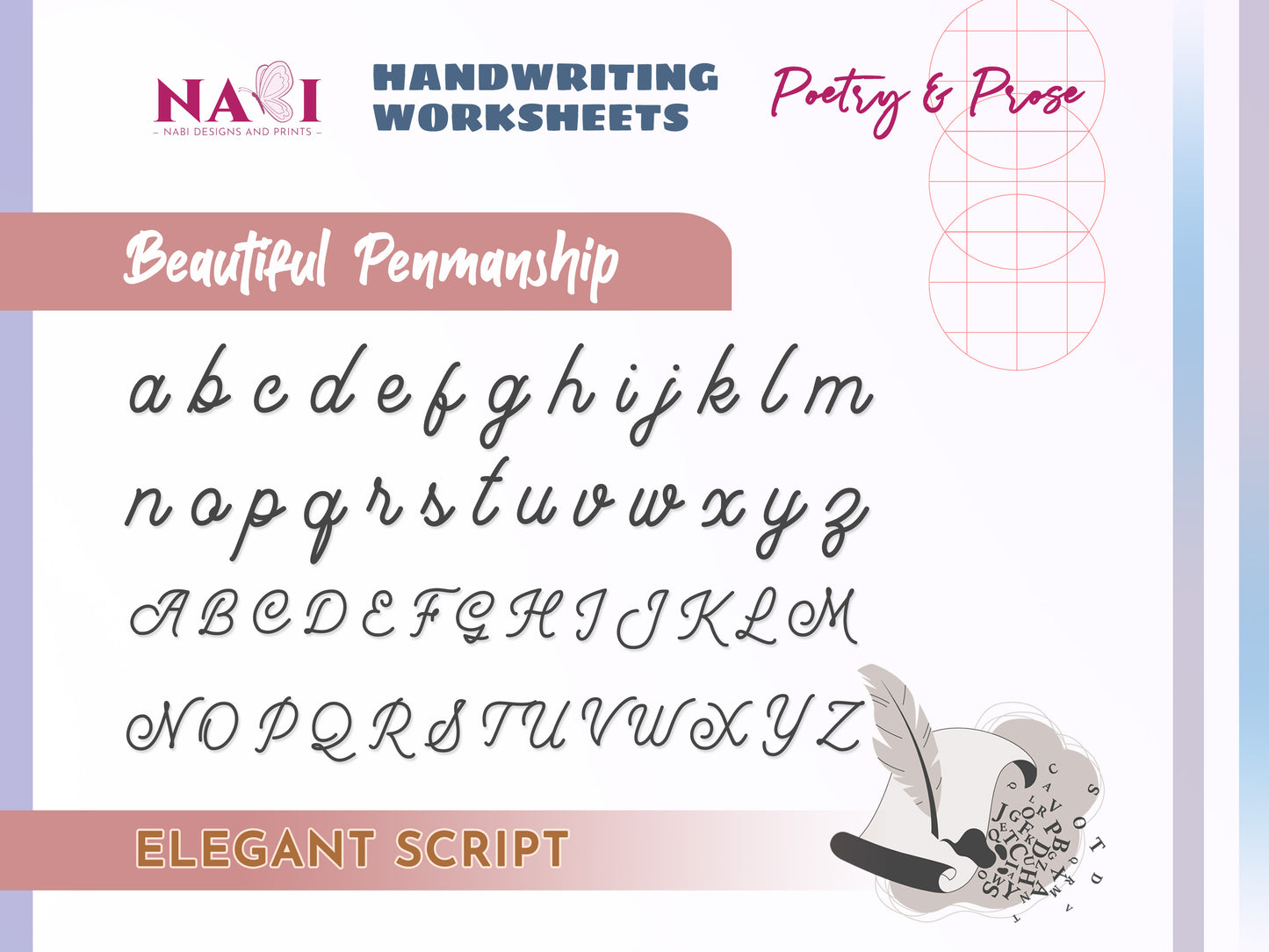 Handwriting worksheets with cursive alphabet and feather illustration on a gradient background