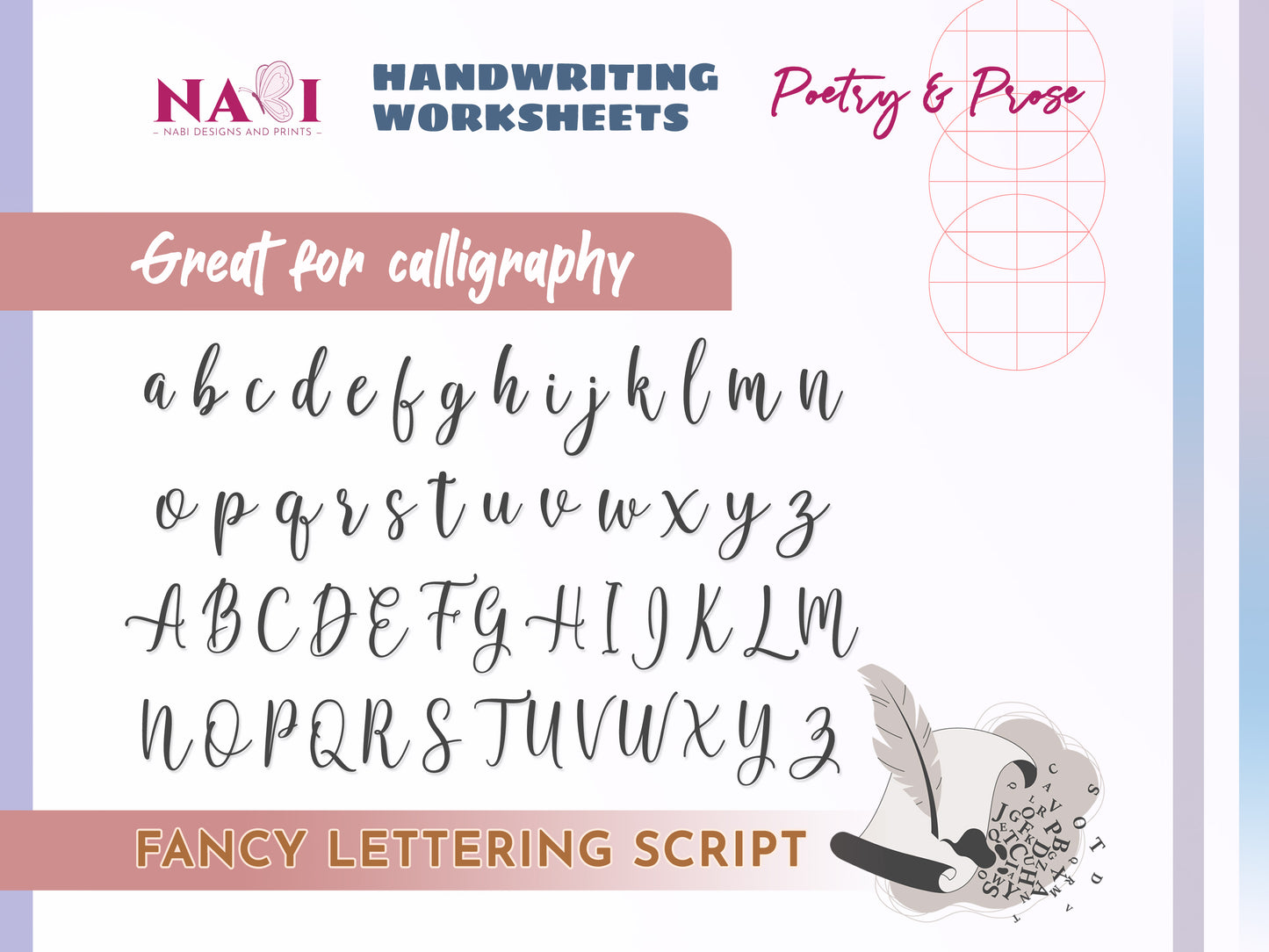 Handwriting worksheets for poetry and prose with calligraphy practice, featuring the NABI Designs and Prints logo.
