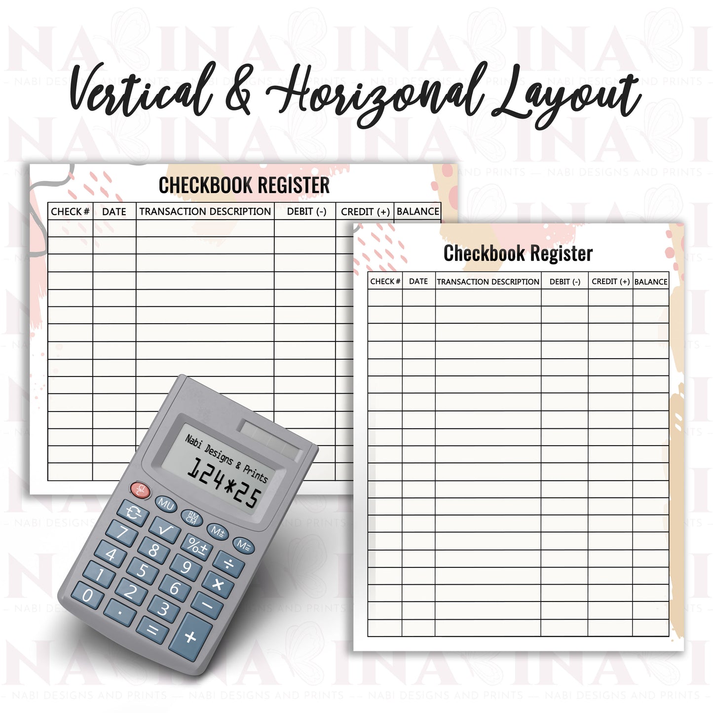 Checkbook registers with vertical and horizontal layout and a calculator on a white background.
