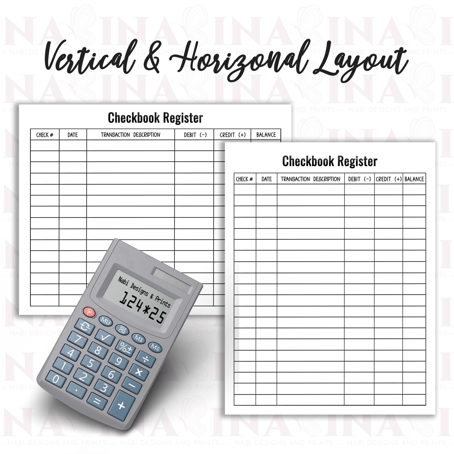Checkbook register with vertical and horizontal layout and a calculator on a white background.