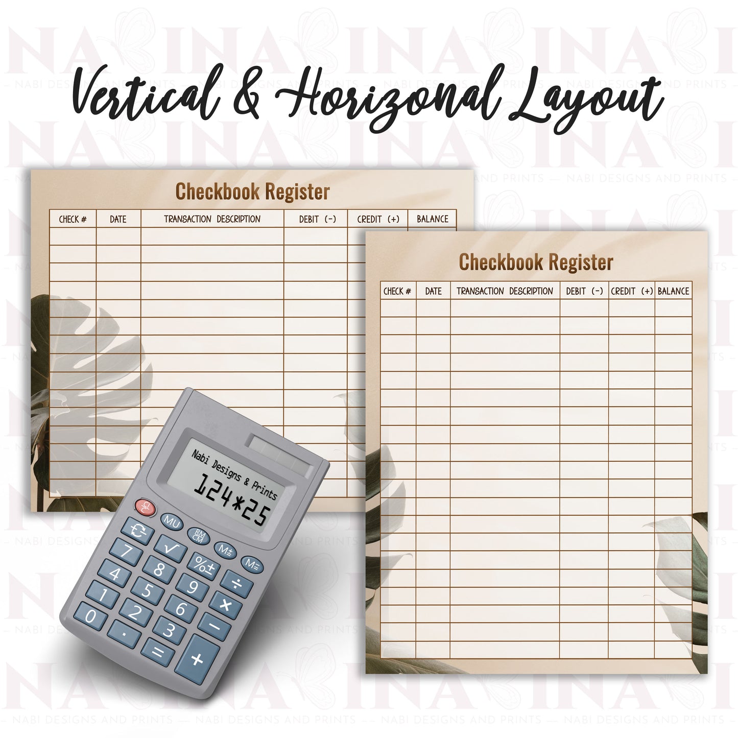 Checkbook register with calculator on a white background