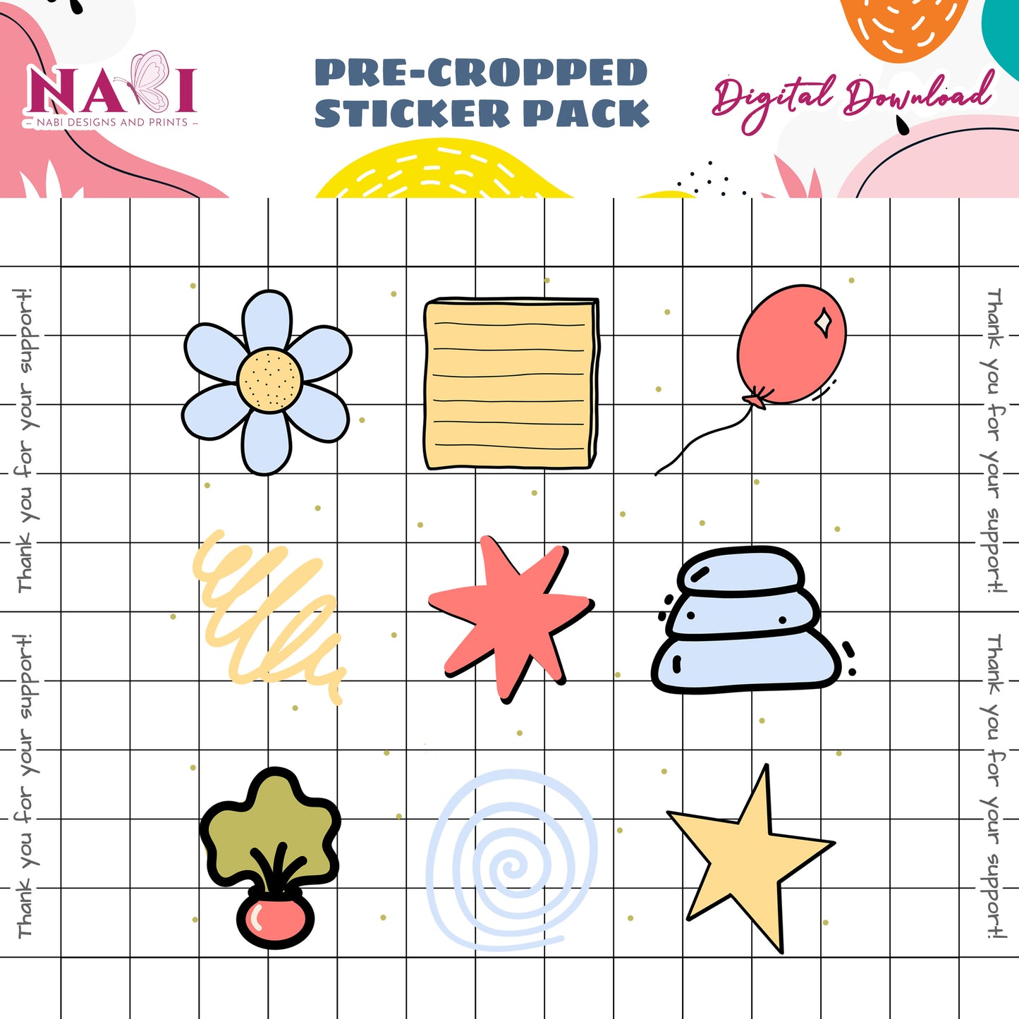 Pre-cropped sticker pack digital download with various shapes and objects on a grid background.