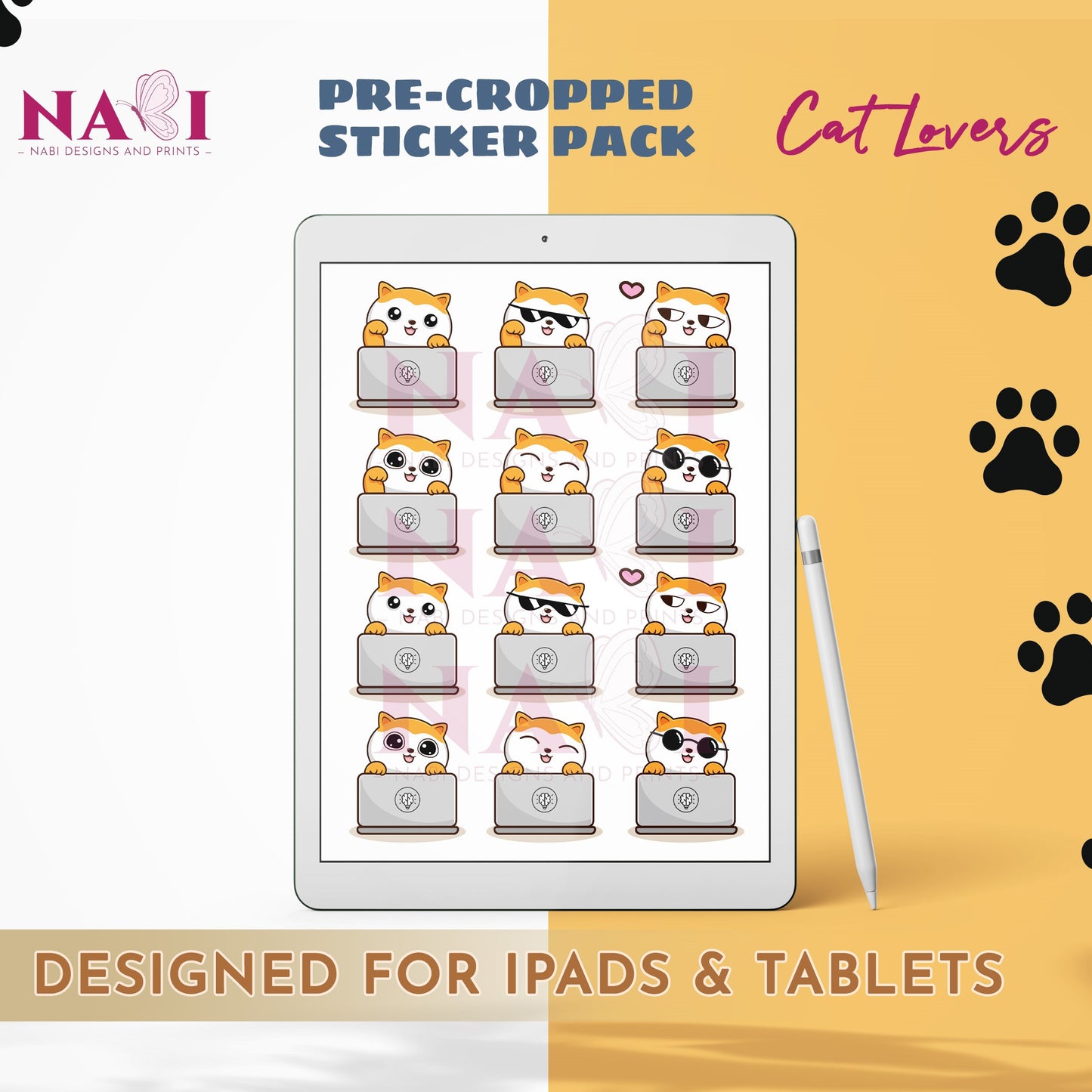 Pre-cropped sticker pack for iPads and tablets with cat-themed designs on a tablet screen.