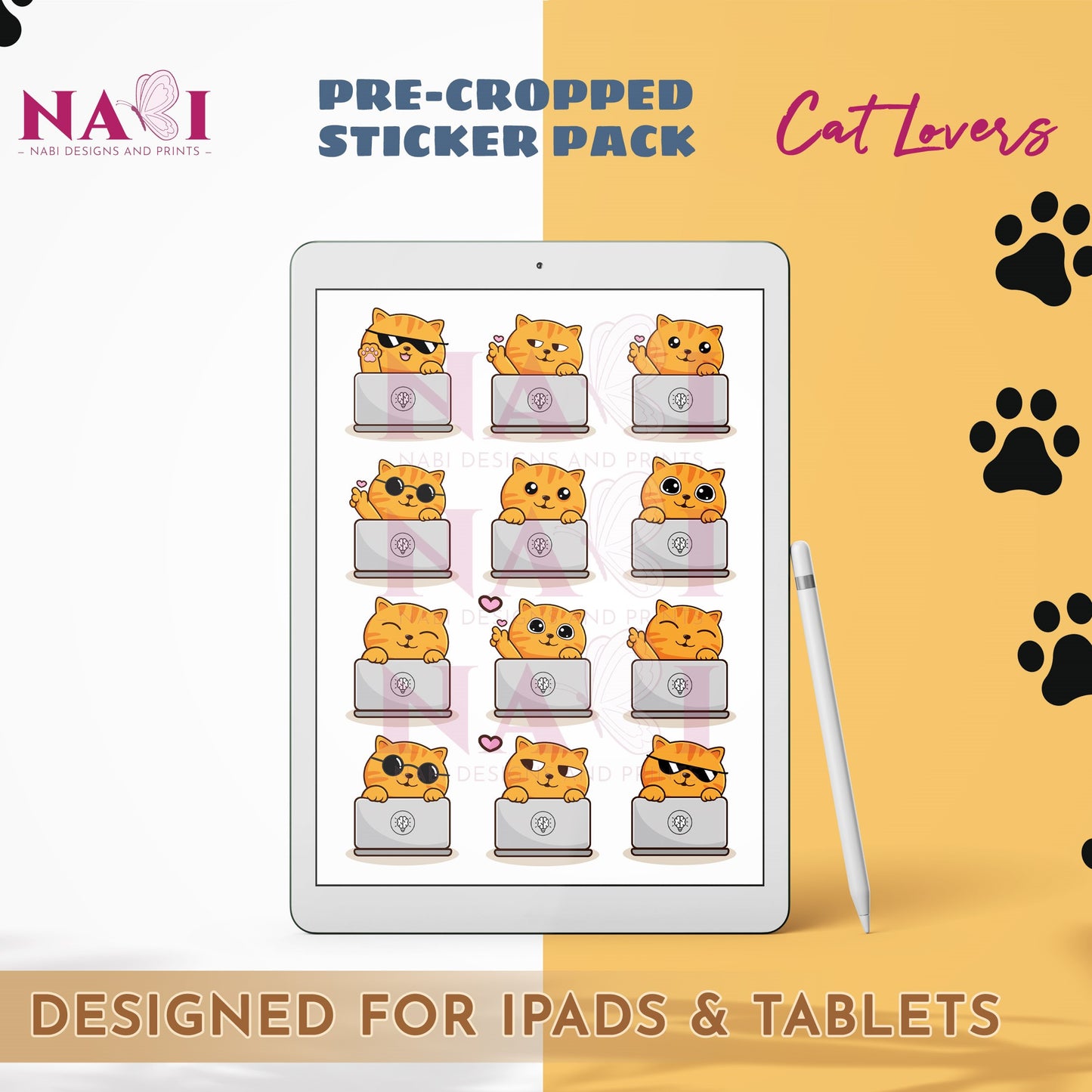 Pre-cropped sticker pack for iPads and tablets featuring cartoon cats on a tablet screen with a yellow background.