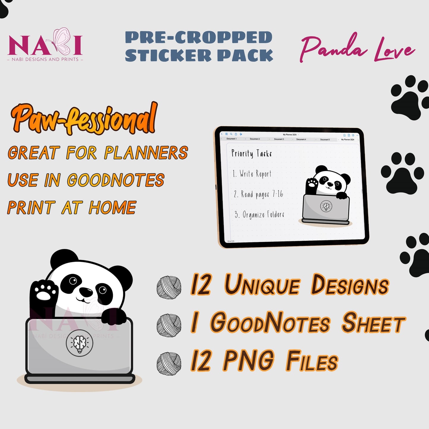 Sticker pack for planners with panda design on a white background
