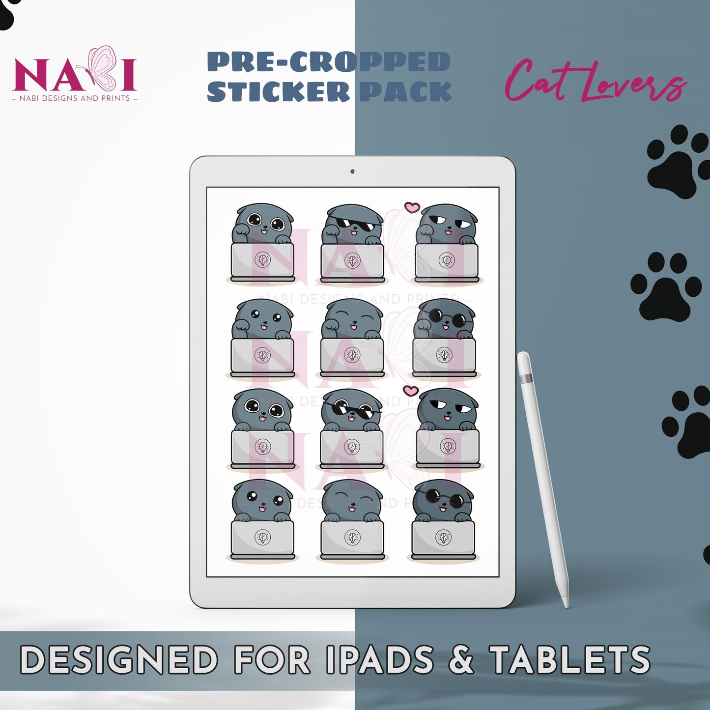 Pre-cropped sticker pack for iPads & tablets with cat-themed designs on a tablet screen.