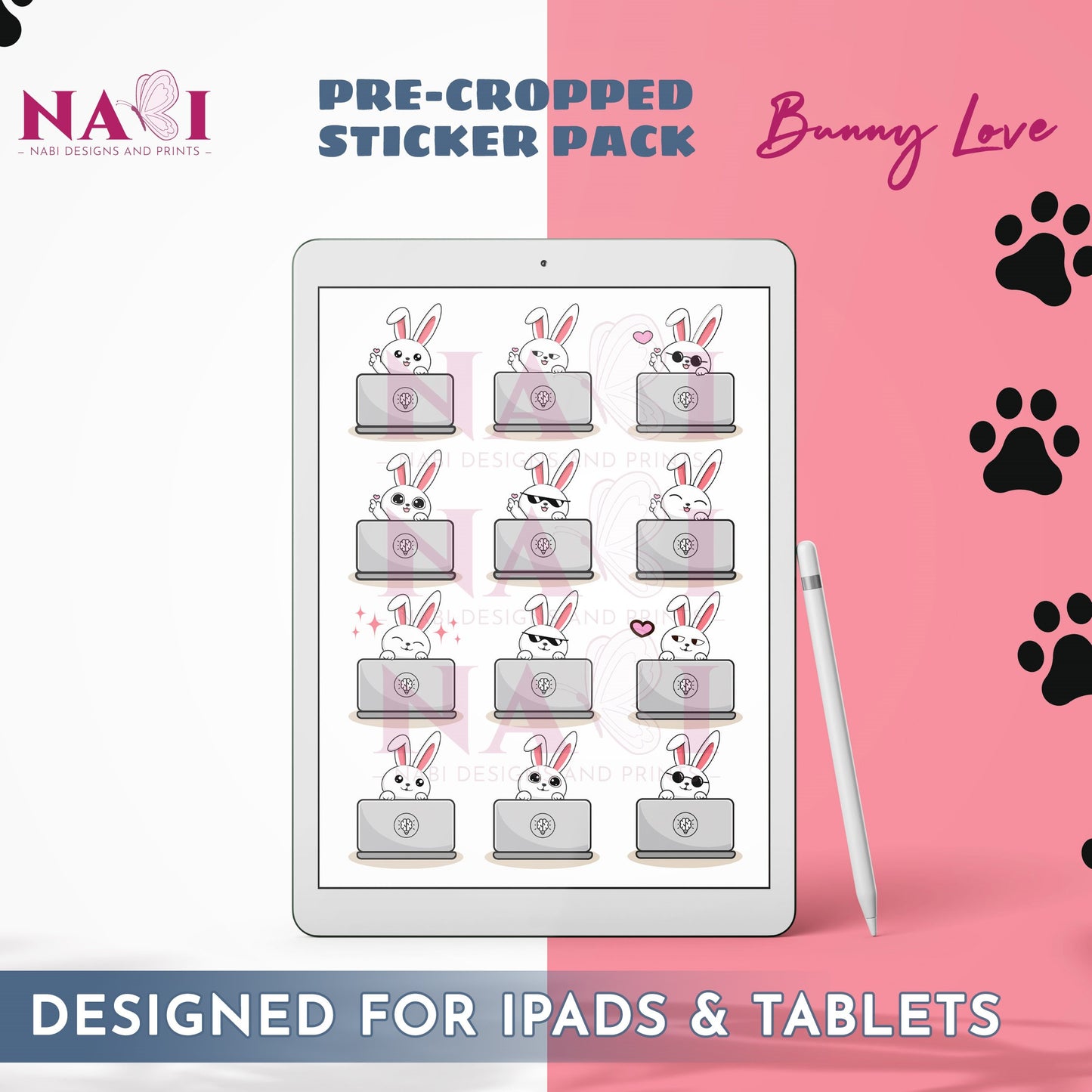Pre-cropped sticker pack for iPads and tablets with bunny designs on a digital screen.