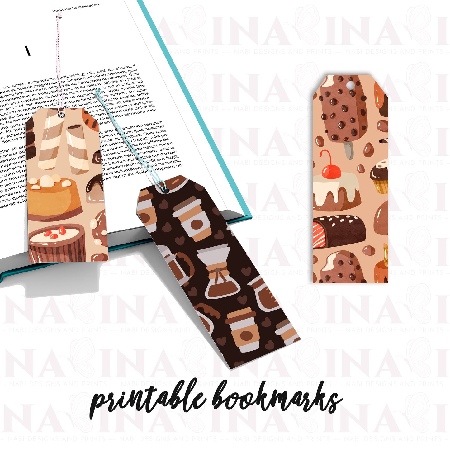 Printable bookmarks with dessert patterns on a white background