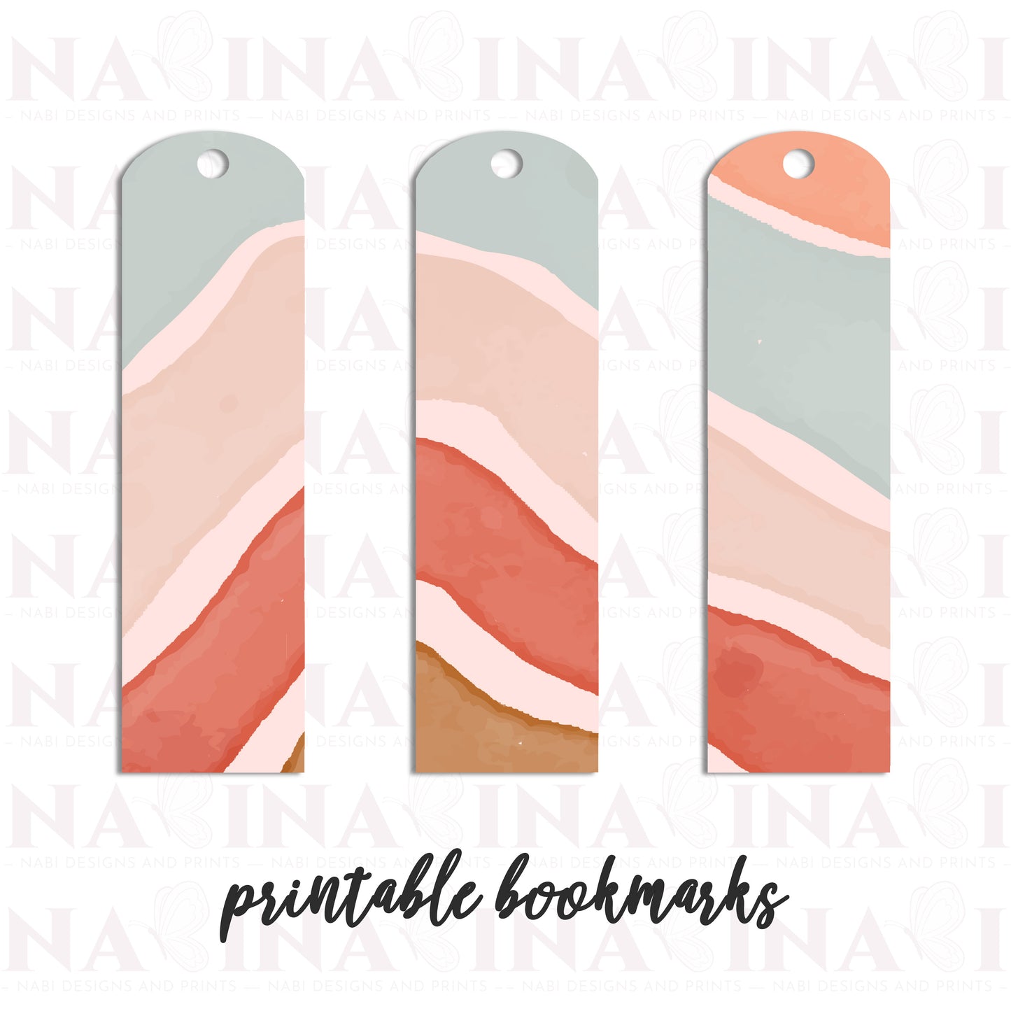 Three colorful bookmarks with wavy patterns on a white background, labeled 'printable bookmarks'.