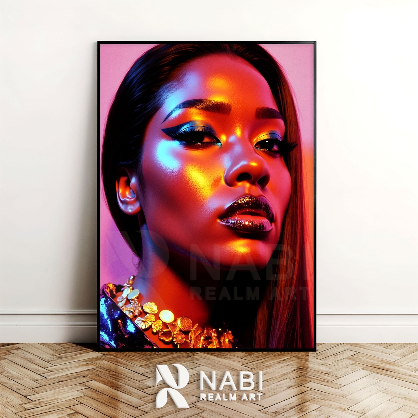 Framed artwork of a Black woman with vibrant colors, featuring the Nabi Realm Art logo.