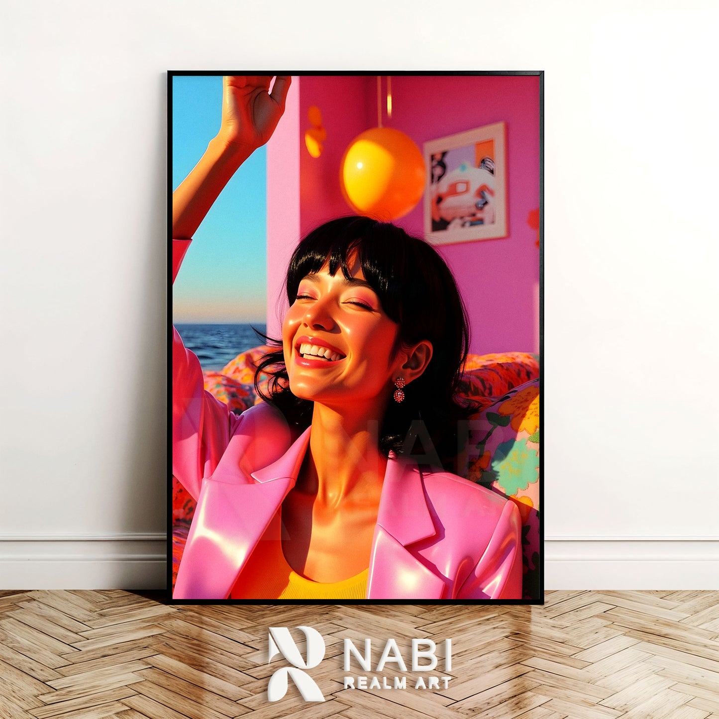 Framed artwork of a happy woman in a pink jacket with a colorful background