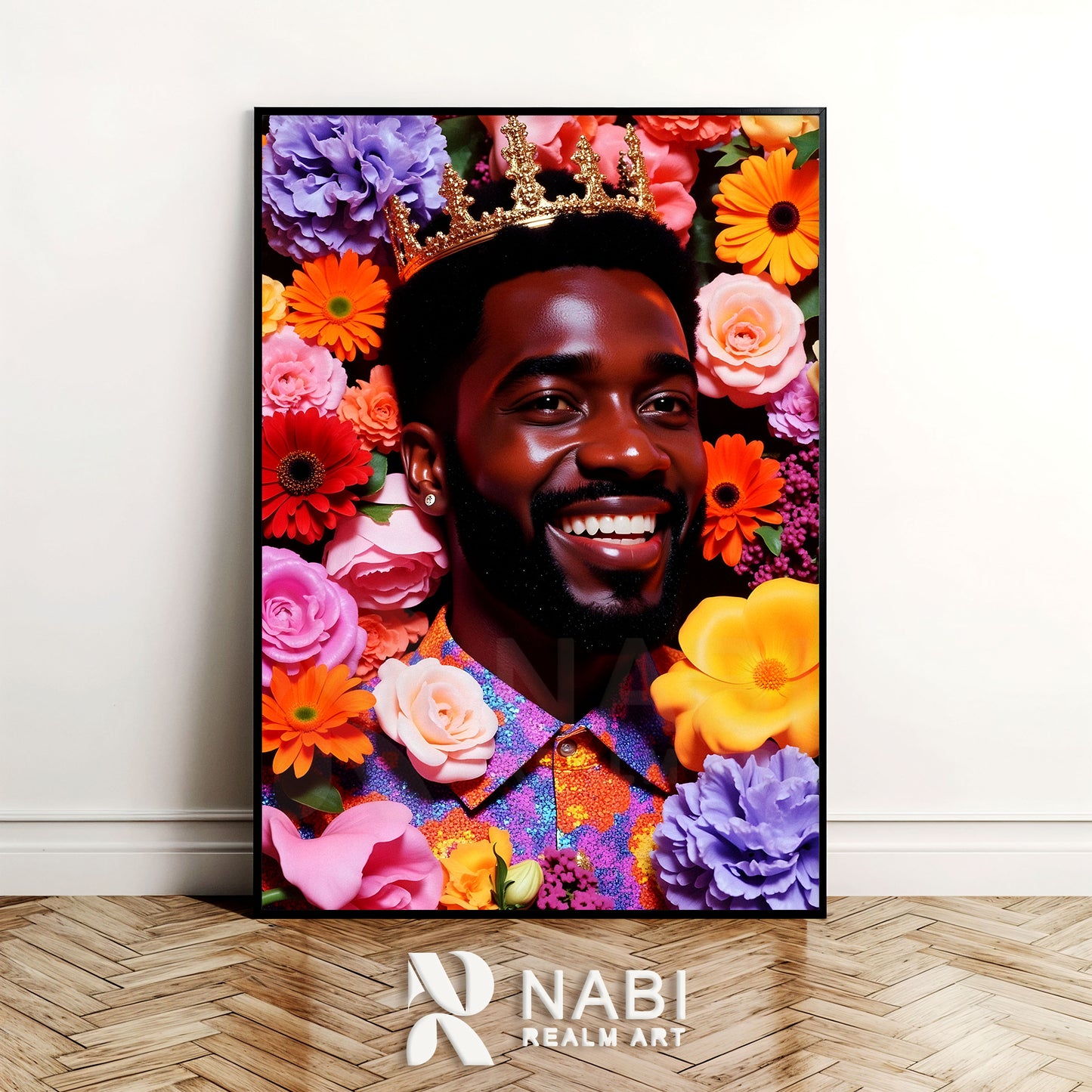 Framed artwork of a Black man with a crown surrounded by colorful flowers, featuring the brand 'Nabi Realm Art'.