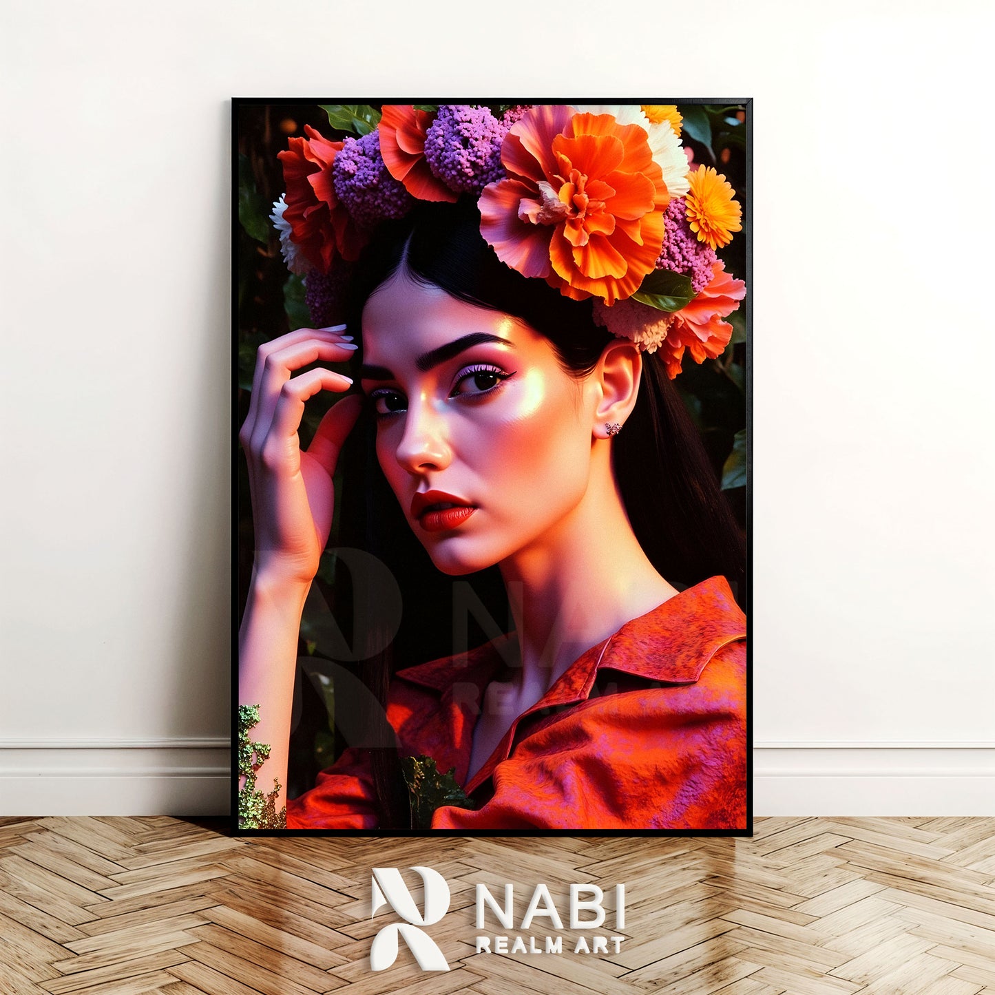Framed artwork of a woman with flowers in her hair