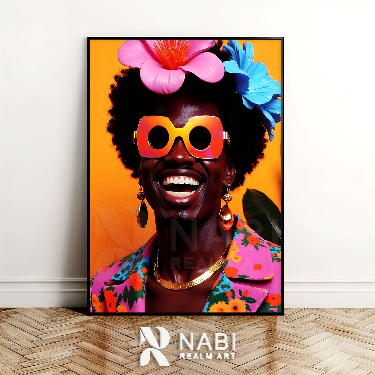Framed artwork of a man of African descent with colorful sunglasses and flowers on an orange background, featuring the Nabi Realm Art logo.