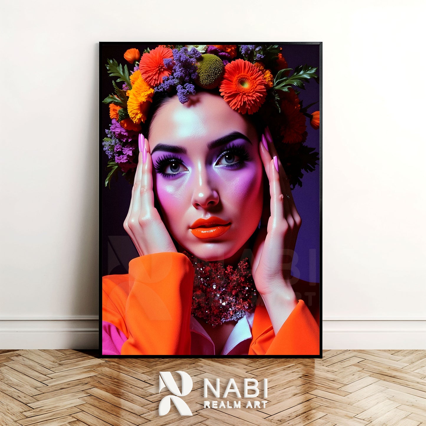 Framed artwork of a woman with flowers on her head, displayed against a wall.
