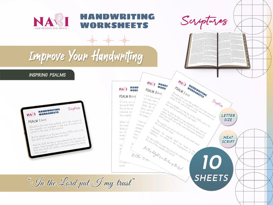 Handwriting worksheets with a Bible and tablet on a colorful background