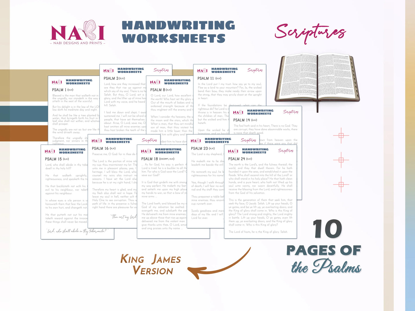 Handwriting worksheets with King James Version Psalms on a white background