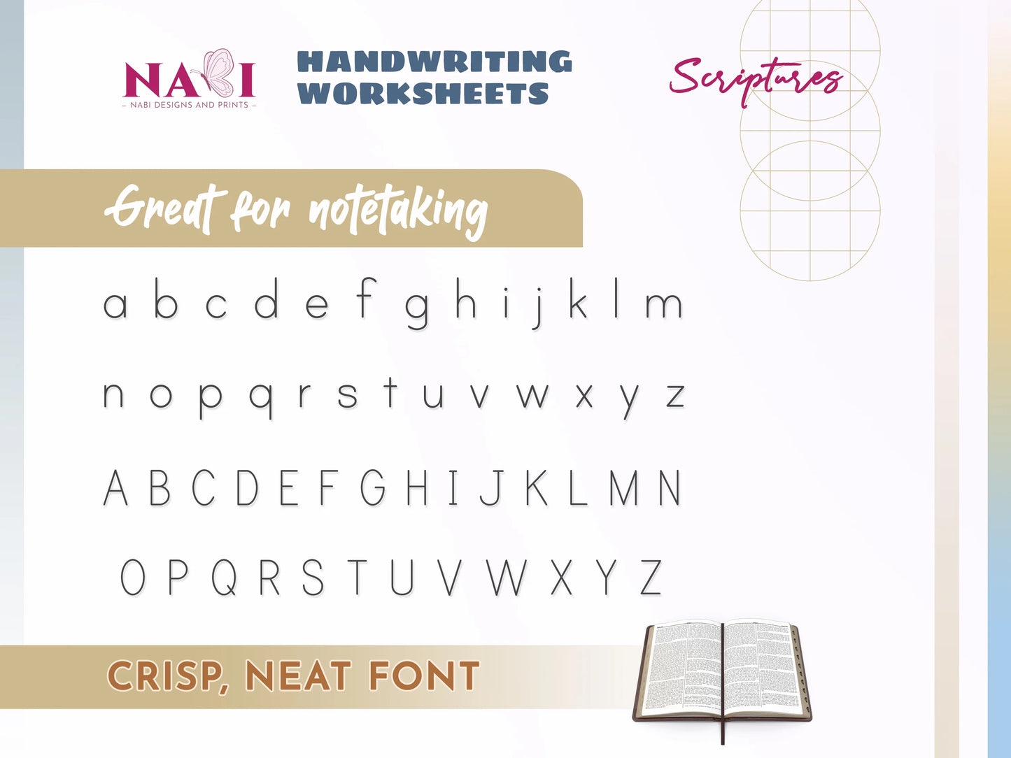 Handwriting worksheets with alphabet and notetaking text, featuring neat font.