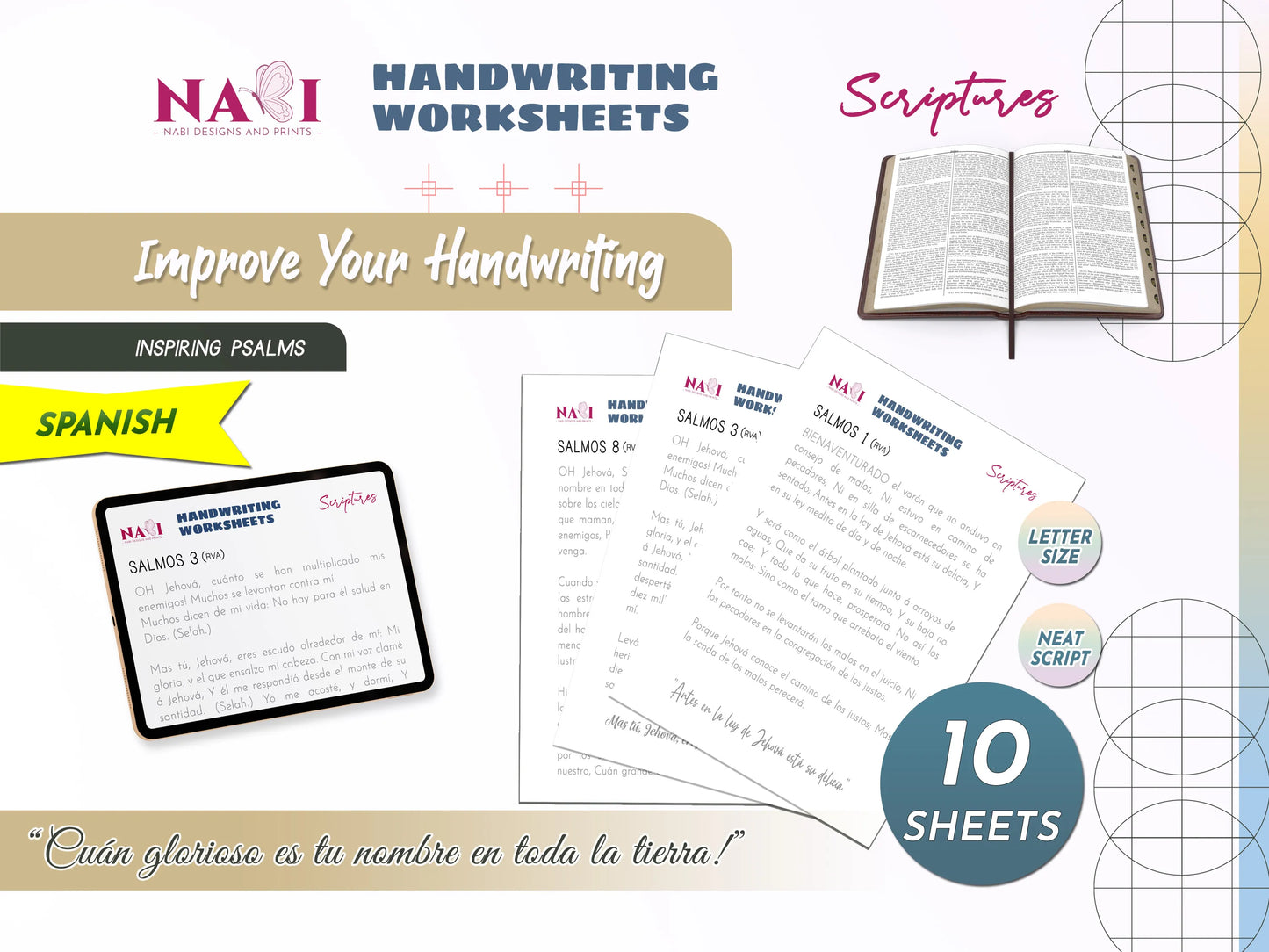 Handwriting worksheets set featuring Bible text in Spanish
