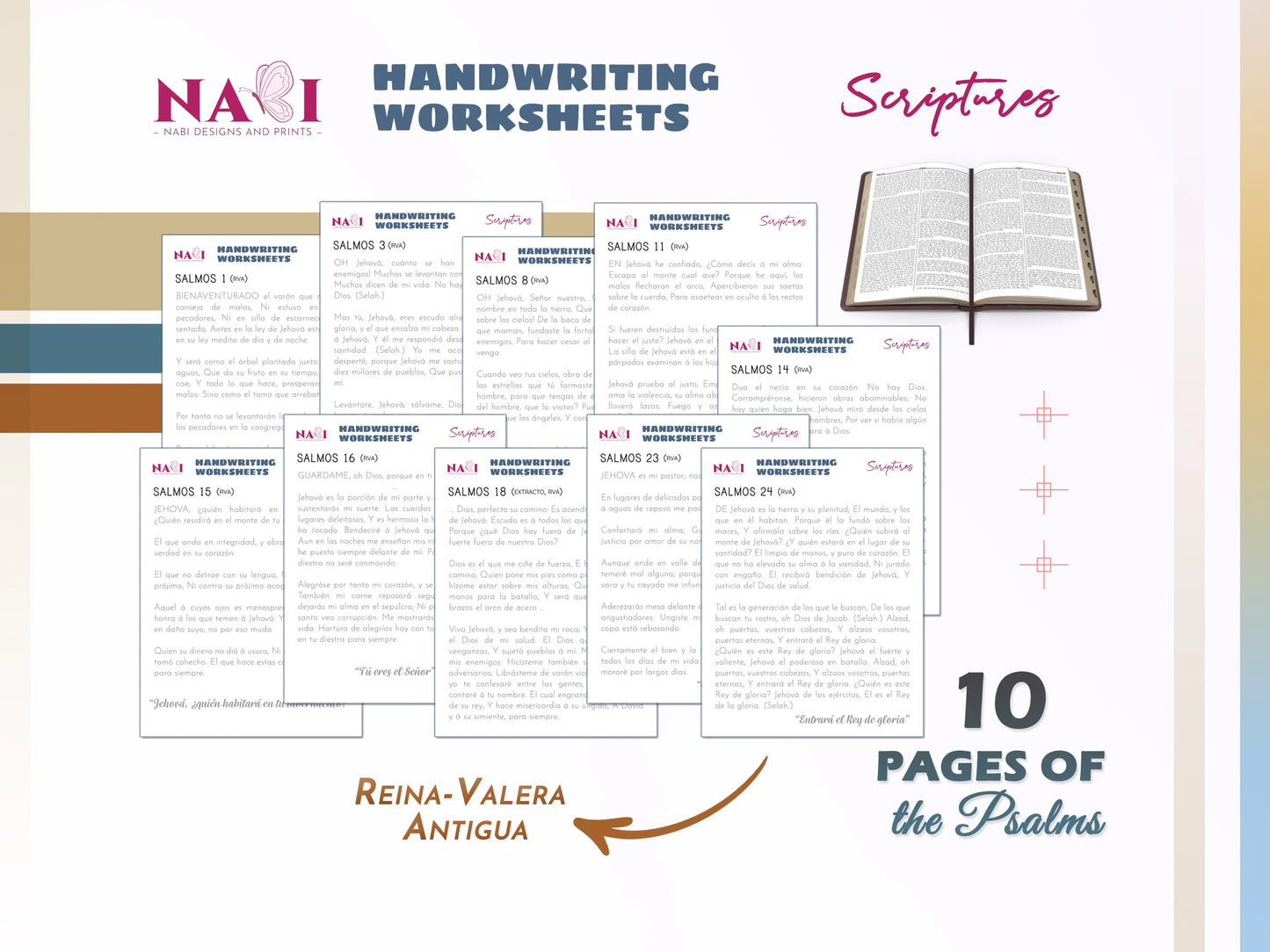 Handwriting worksheets with Reina-Valera Antigua Spanish text and an open Bible on a white background.