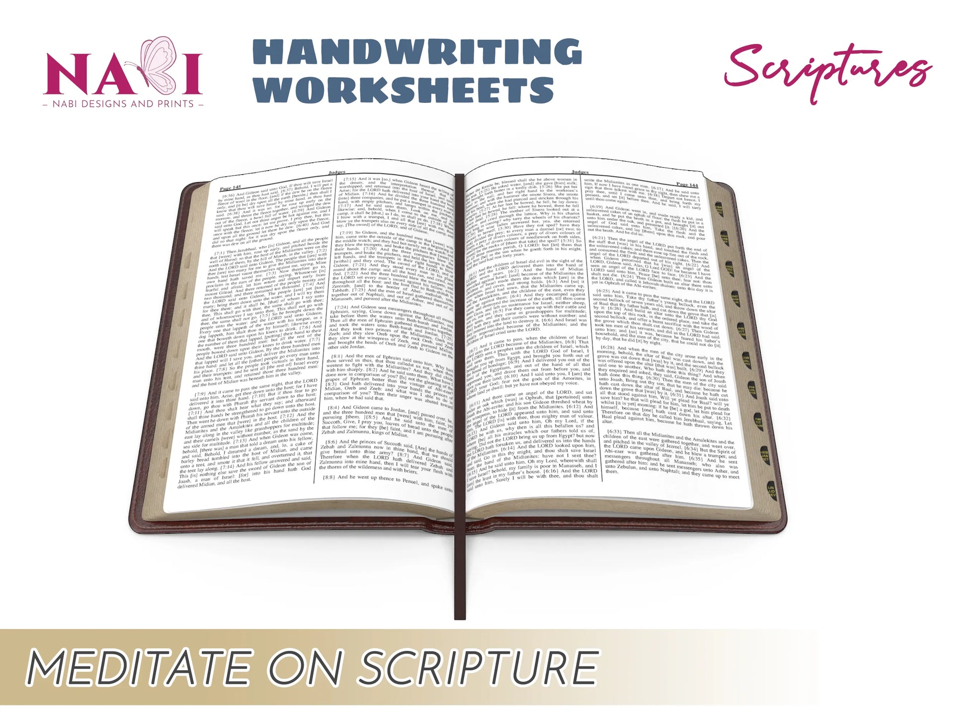 Open Bible with text on a white background and text about handwriting worksheets and meditating on scripture.