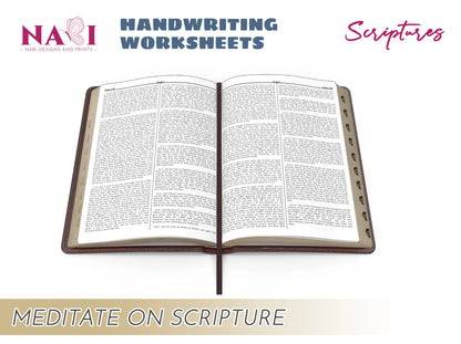 Open Bible with text on a white background and text about handwriting worksheets and meditating on scripture.