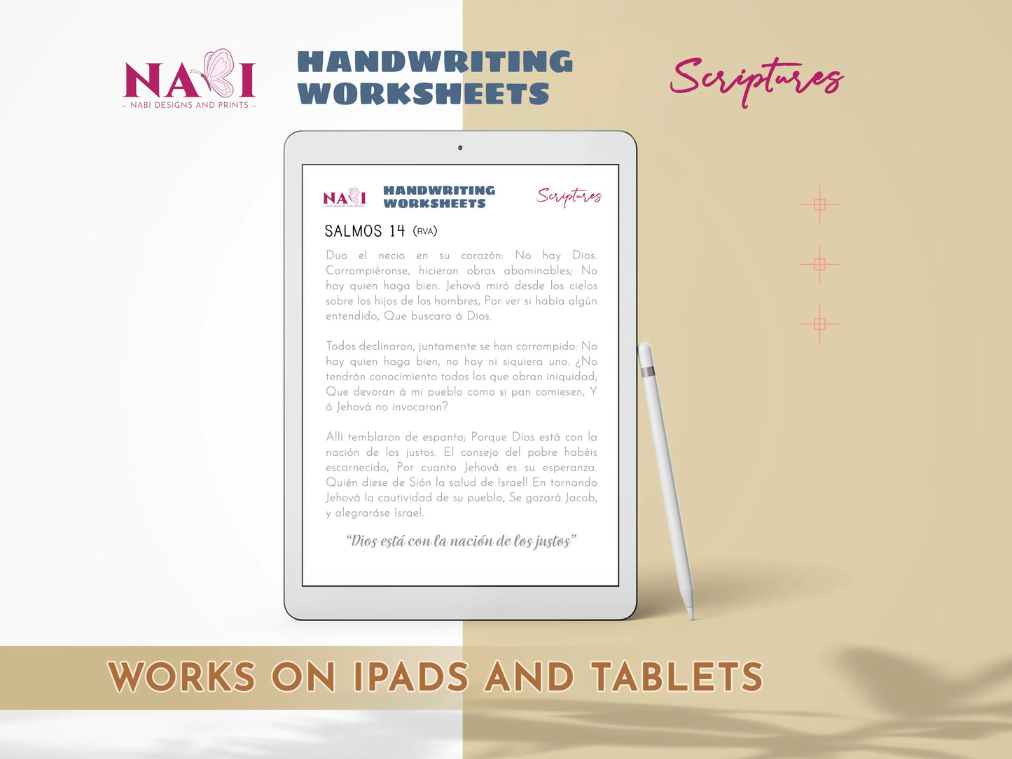 iPad displaying Handwriting Worksheets with a tablet on a beige background