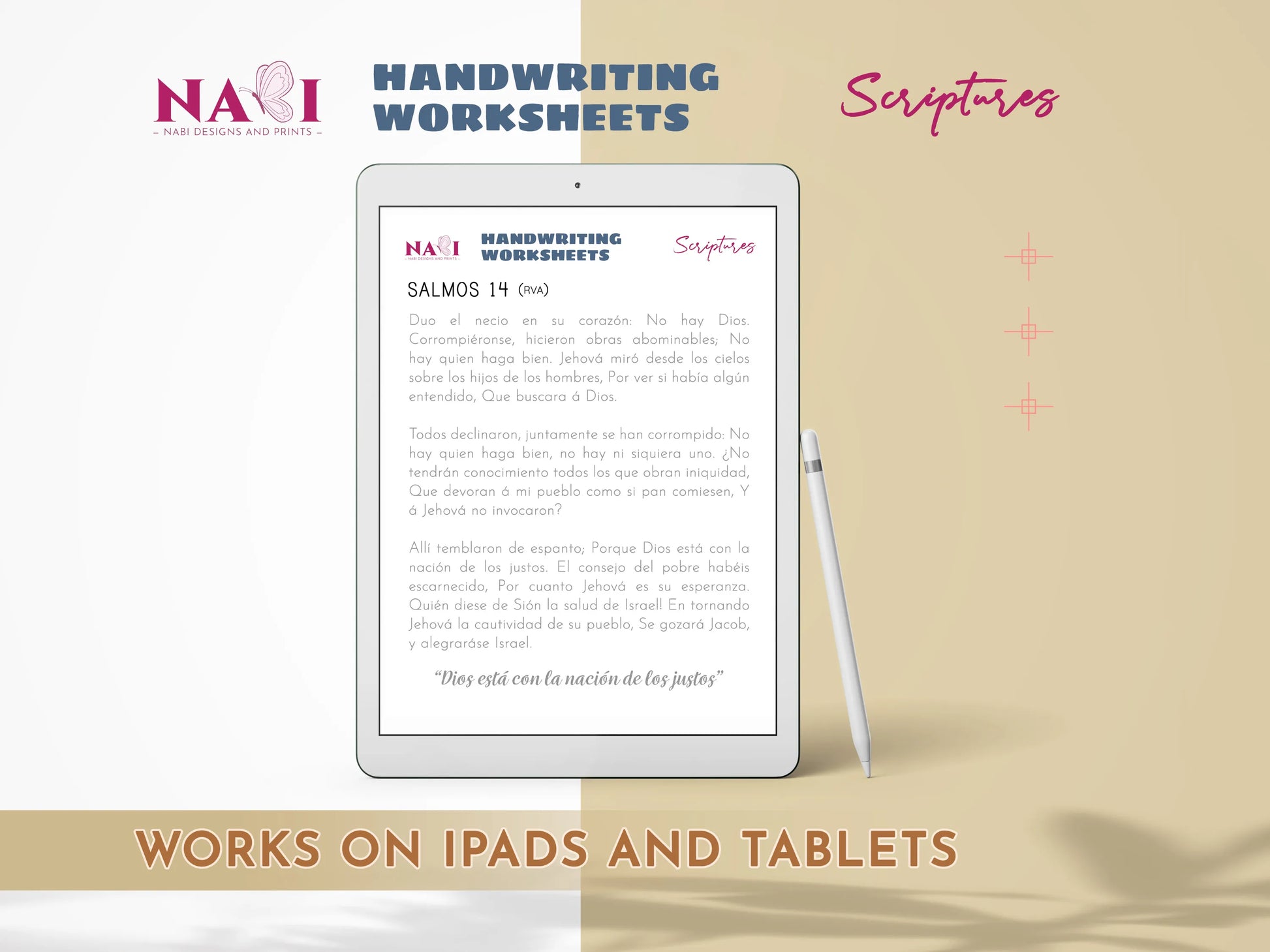 iPad displaying Handwriting Worksheets with a tablet on a beige background