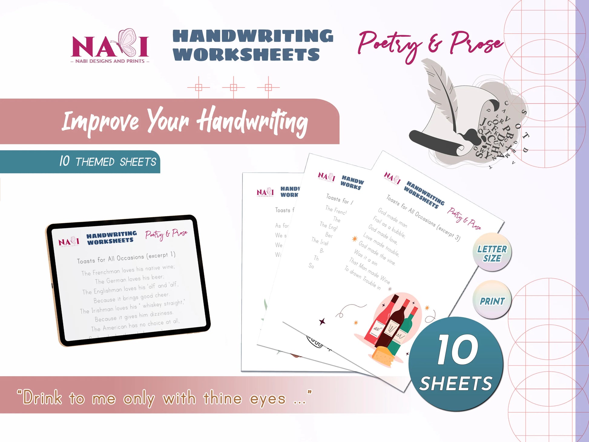 Handwriting worksheets for poetry and prose on a blue and pink background