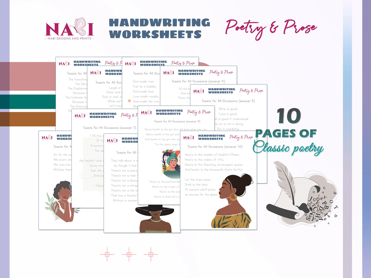 Handwriting worksheets for poetry and prose with illustrations of women and a feather on a colorful background.