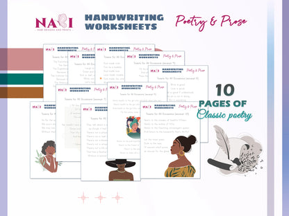 Handwriting worksheets for poetry and prose with illustrations of women and a feather on a colorful background.