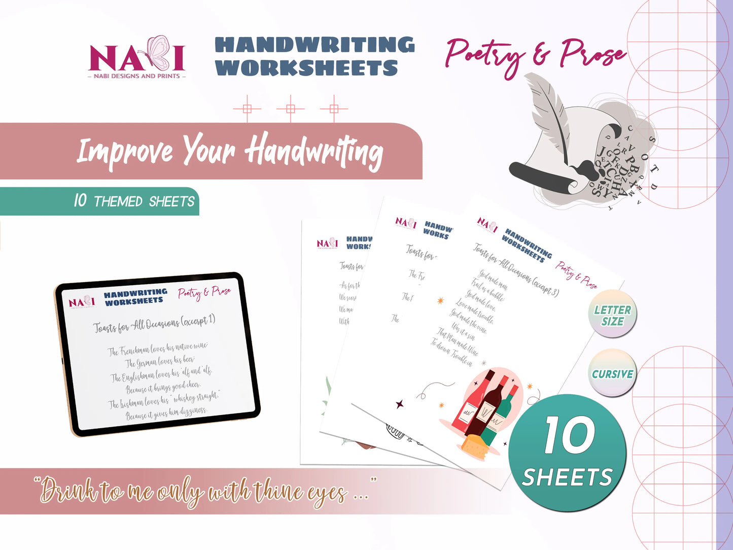 Handwriting worksheets on a blue and pink background
