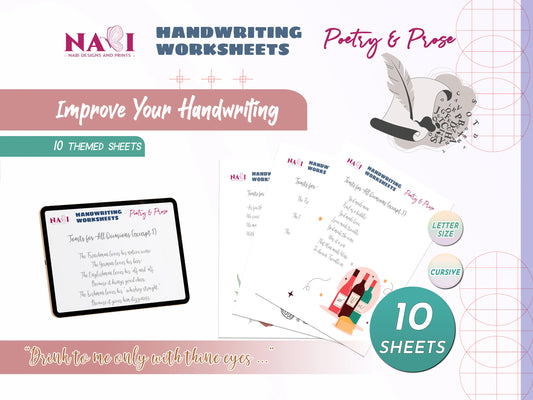 Handwriting worksheets on a blue and pink background