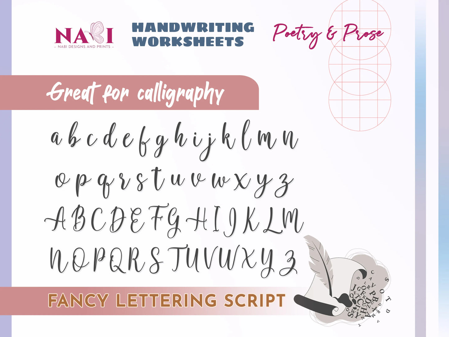 Handwriting worksheets with fancy lettering script and feather illustration on a gradient background.