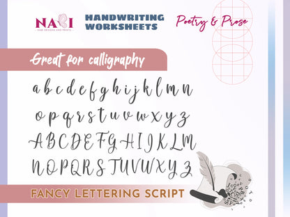 Handwriting worksheets with fancy lettering script and feather illustration on a gradient background.
