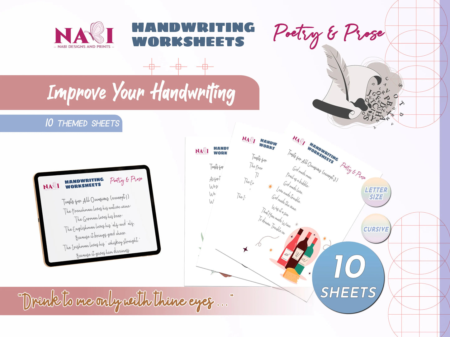 Handwriting worksheets for poetry and prose on a blue background