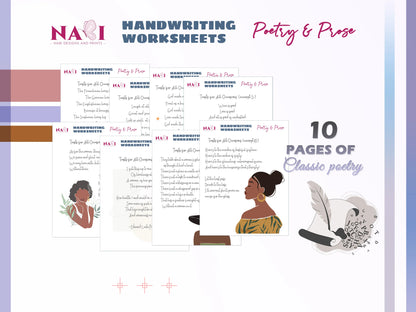 Handwriting worksheets for poetry and prose with illustrations of a woman and a feather on a gradient background.