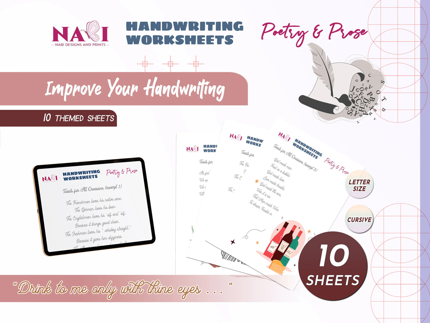 Handwriting worksheets for poetry and prose with a pen illustration on a purple background