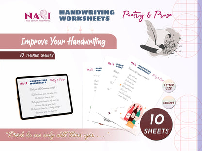 Handwriting worksheets for poetry and prose with a pen illustration on a purple background