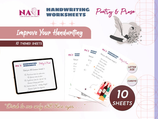 Handwriting worksheets for poetry and prose with a pen illustration on a purple background