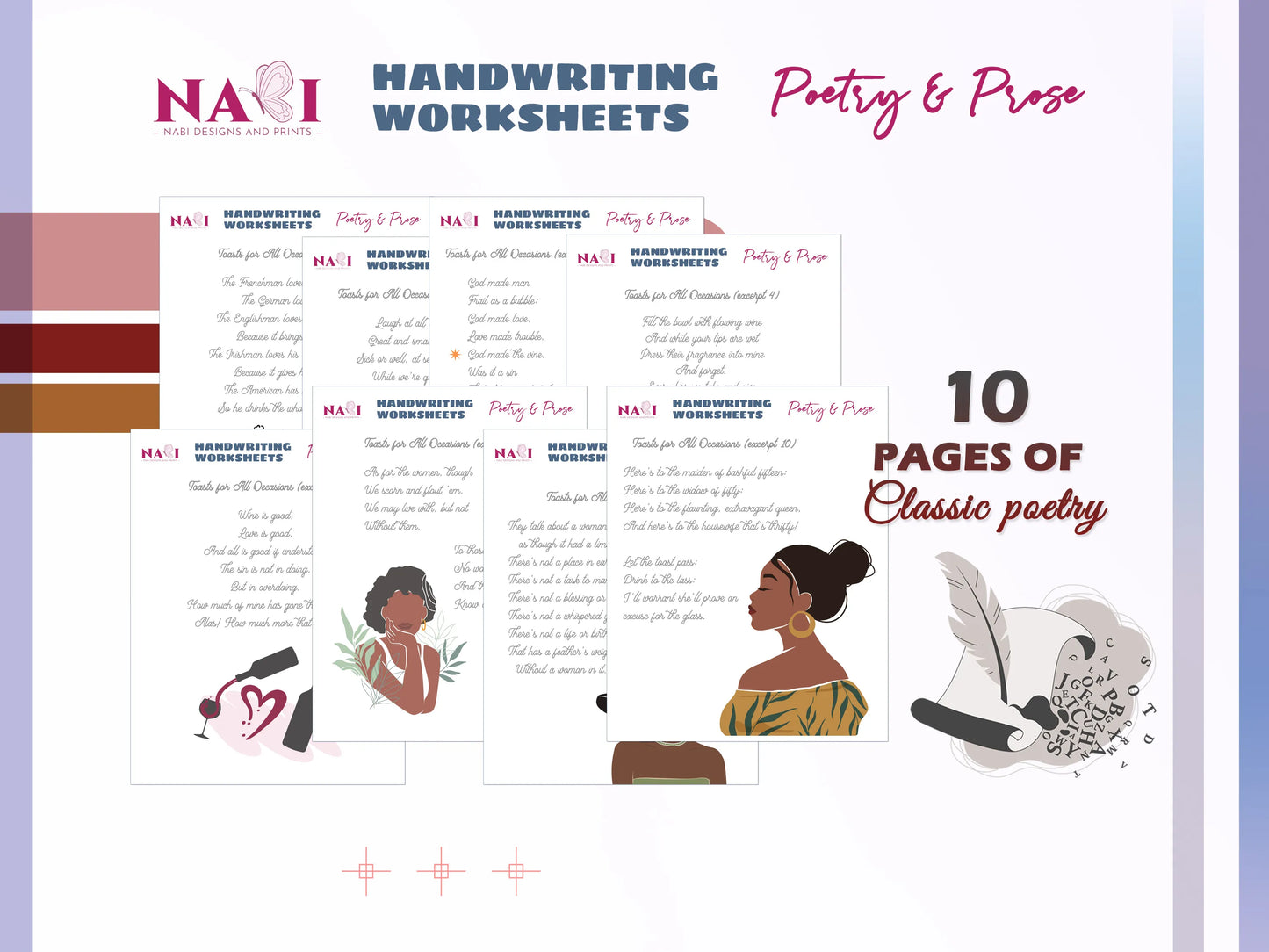 Handwriting worksheets for poetry and prose with illustrations of women and a feather on a white background.