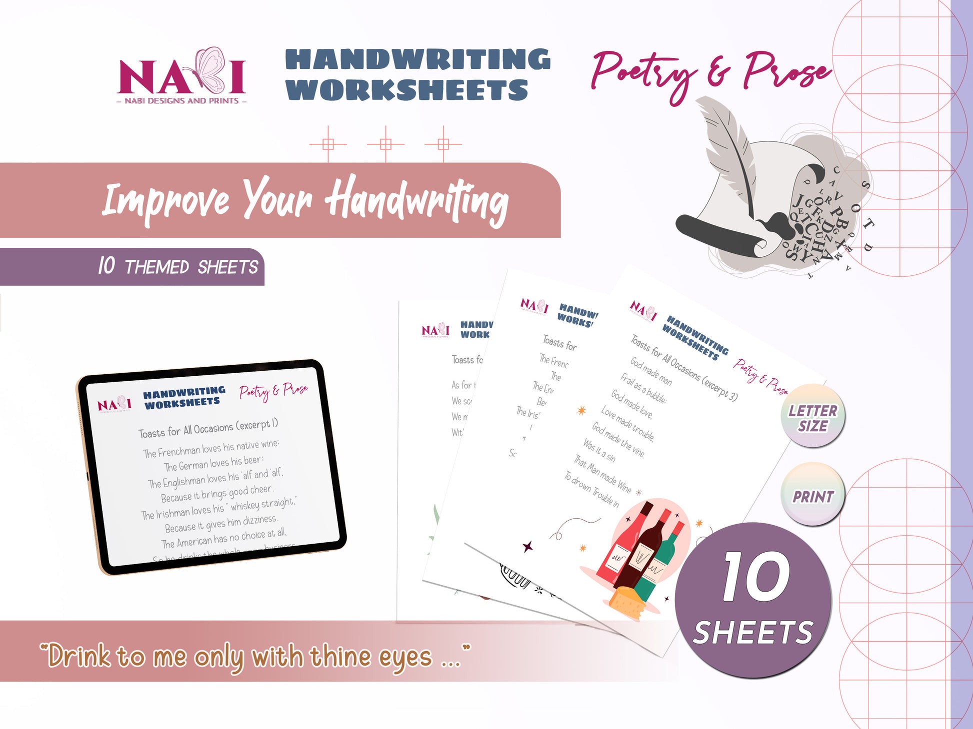 Handwriting worksheets with a tablet and pen on a purple background