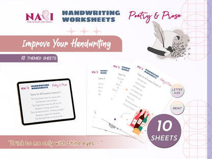 Handwriting worksheets with a tablet and pen on a purple background
