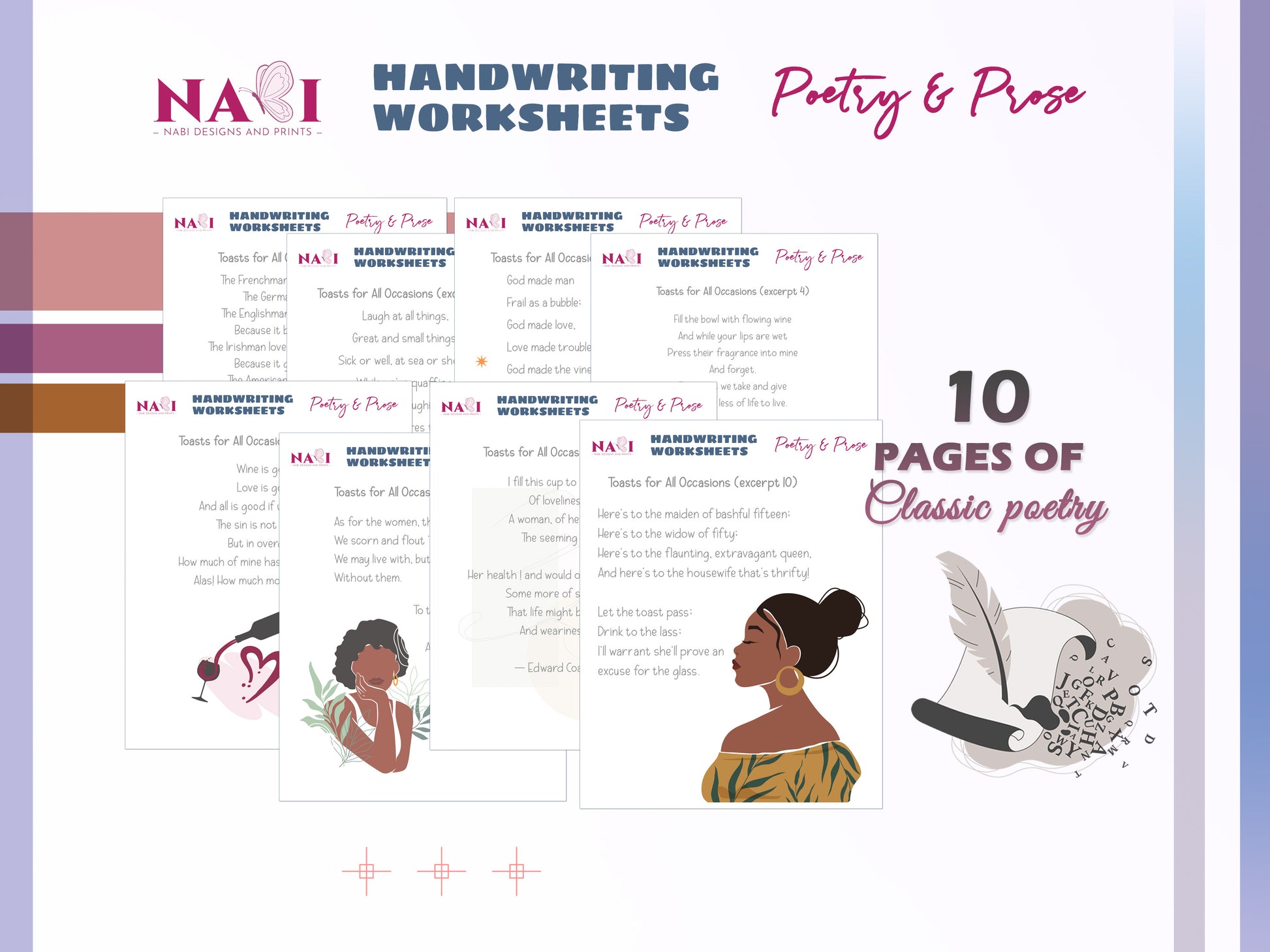 Handwriting worksheets for poetry and prose with illustrations on a white background