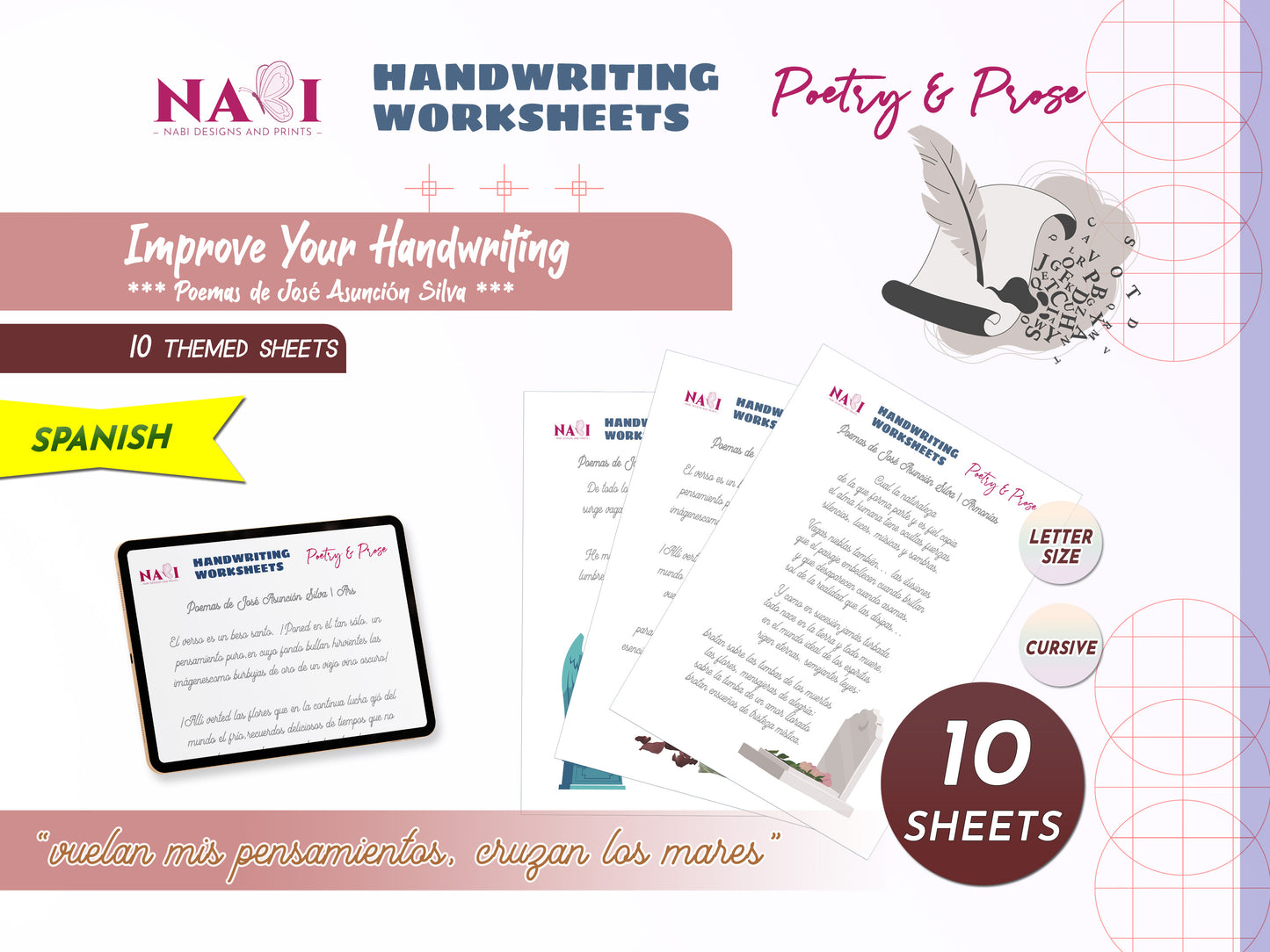 Handwriting worksheets for poetry and prose with NABI branding on a purple background