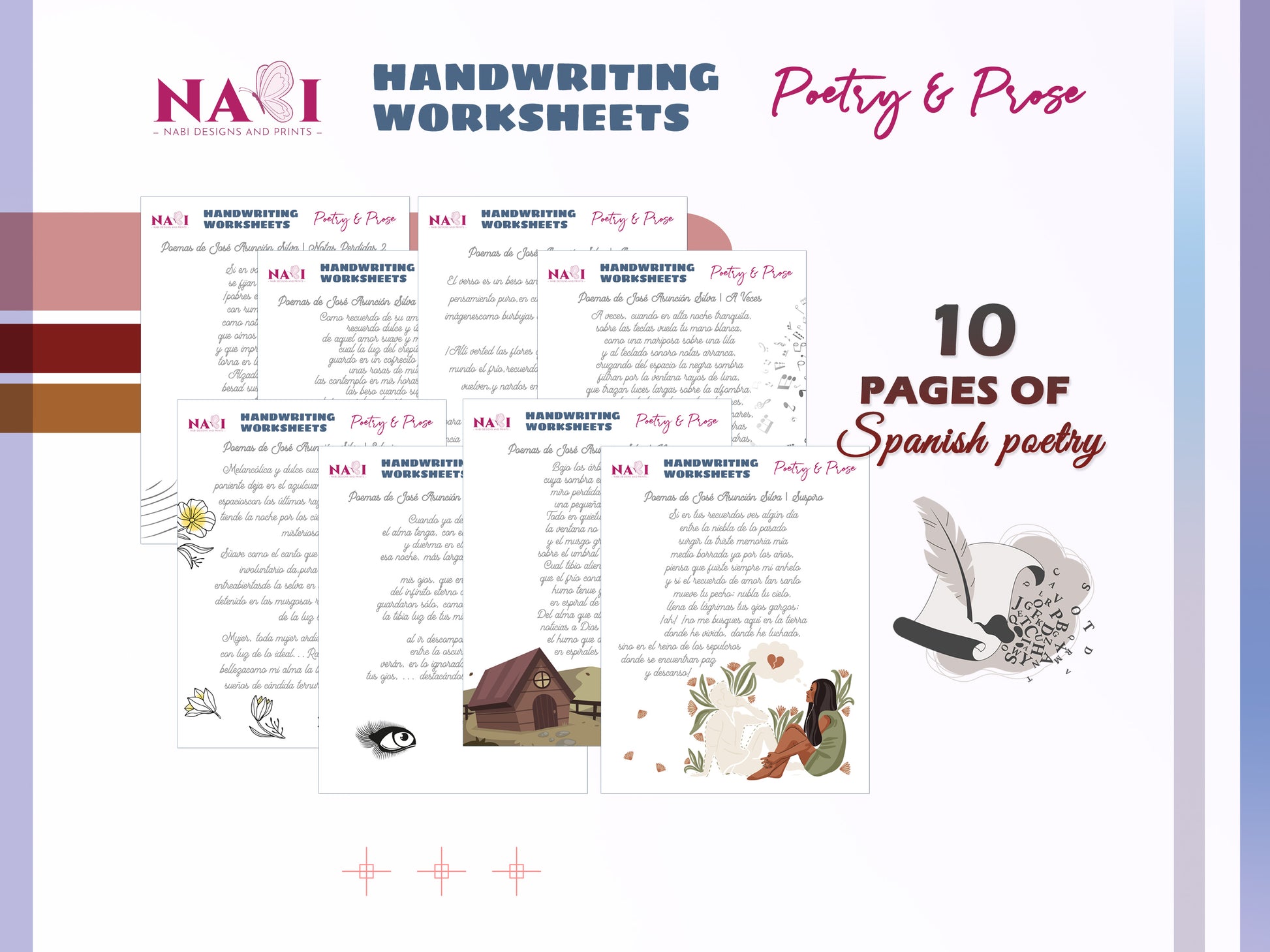 Handwriting worksheets for poetry and prose with Spanish text, illustrations.