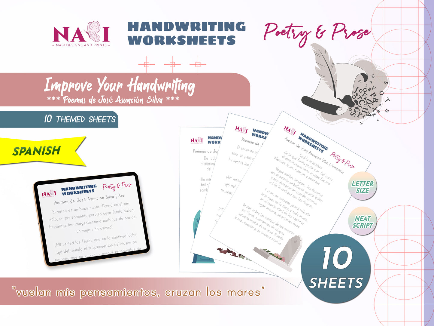 Handwriting worksheets for poetry and prose with NABI Designs and Prints branding on a white background