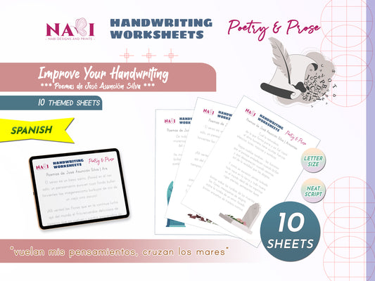 Handwriting worksheets for poetry and prose with NABI Designs and Prints branding on a white background